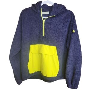 Outerknown Sherpa pullover hoodie Womens Large Navy Yellow Kangaroo Pocket Small